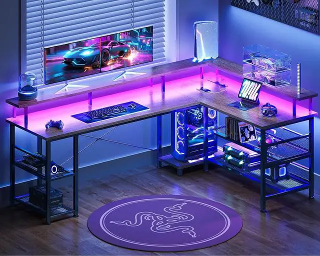 Alt view image 5 of 7 - ODK 66" L Shaped Gaming Desk with Power Outlet and LED Lights, PC Gaming Table with USB Ports, Reversible L Shaped Desk with Storage Shelves & Monitor Stand, Home Office Desk, Grey Oak