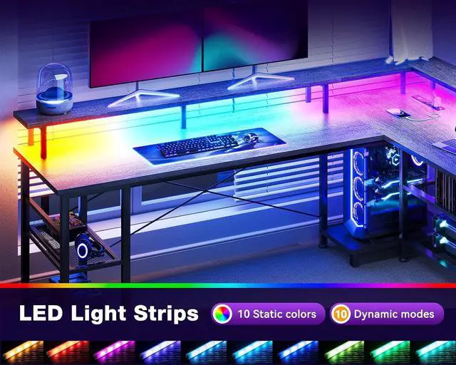 Alt view image 2 of 7 - ODK 66" L Shaped Gaming Desk with Power Outlet and LED Lights, PC Gaming Table with USB Ports, Reversible L Shaped Desk with Storage Shelves & Monitor Stand, Home Office Desk, Grey Oak