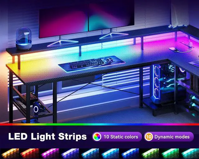 Alt view image 2 of 7 - ODK 66" L Shaped Gaming Desk with Power Outlet and LED Lights, PC Gaming Table with USB Ports, Reversible L Shaped Desk with Storage Shelves & Monitor Stand, Home Office Desk, Grey Oak