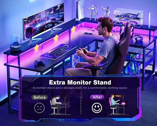 Alt view image 4 of 7 - ODK 66" L Shaped Gaming Desk with Power Outlet and LED Lights, PC Gaming Table with USB Ports, Reversible L Shaped Desk with Storage Shelves & Monitor Stand, Home Office Desk, Grey Oak