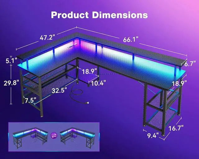 Alt view image 6 of 7 - ODK 66" L Shaped Gaming Desk with Power Outlet and LED Lights, PC Gaming Table with USB Ports, Reversible L Shaped Desk with Storage Shelves & Monitor Stand, Home Office Desk, Grey Oak