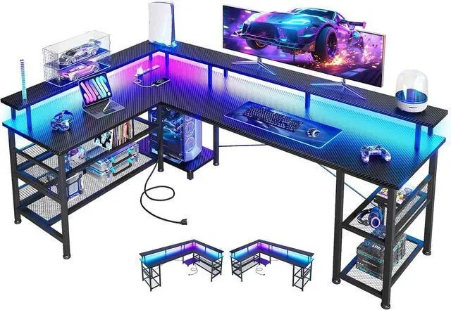 Main image of ODK 66" L Shaped Gaming Desk with Power Outlet and LED Lights, PC Gaming Table with USB Ports, Reversible L Shaped Desk with Storage Shelves & Monitor Stand, Home Office Desk, Grey Oak