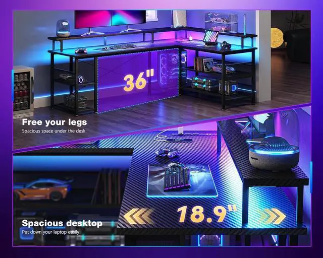 Alt view image 7 of 7 - ODK 66" L Shaped Gaming Desk with Power Outlet and LED Lights, PC Gaming Table with USB Ports, Reversible L Shaped Desk with Storage Shelves & Monitor Stand, Home Office Desk, Grey Oak