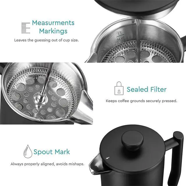 Alt view image 3 of 7 - Belwares French Press Coffee Maker 50 OZ - Large Insulated Stainless Steel 304 Coffee Press with Double Wall & 4-Level Filtration System (Black - 1.5L)