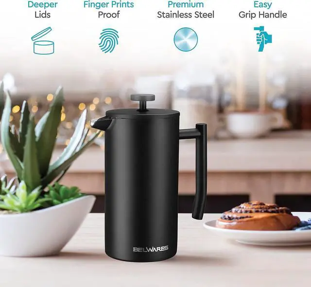 Alt view image 5 of 7 - Belwares French Press Coffee Maker 50 OZ - Large Insulated Stainless Steel 304 Coffee Press with Double Wall & 4-Level Filtration System (Black - 1.5L)
