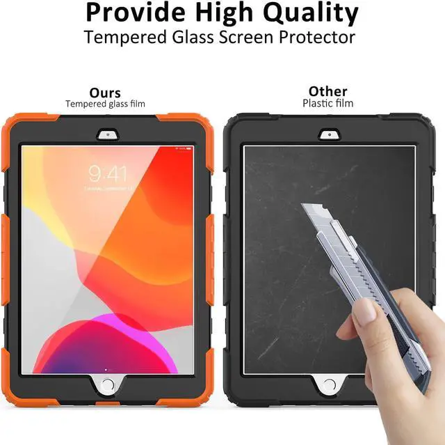 Alt view image 2 of 7 - iPad 9th/8th/7th Generation Case, iPad 10.2 Case 2021/2020/2019, [Shockproof] Full Body Protective Case with 9H Tempered Glass, Rotatable Kickstand/Hand Strap, Shoulder Strap (Orange & Black)