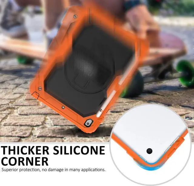 Alt view image 4 of 7 - iPad 9th/8th/7th Generation Case, iPad 10.2 Case 2021/2020/2019, [Shockproof] Full Body Protective Case with 9H Tempered Glass, Rotatable Kickstand/Hand Strap, Shoulder Strap (Orange & Black)