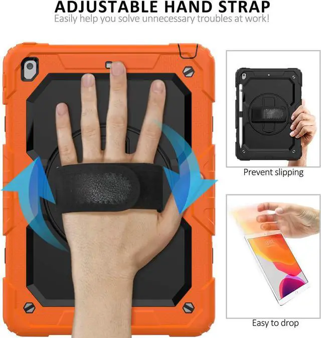 Alt view image 5 of 7 - iPad 9th/8th/7th Generation Case, iPad 10.2 Case 2021/2020/2019, [Shockproof] Full Body Protective Case with 9H Tempered Glass, Rotatable Kickstand/Hand Strap, Shoulder Strap (Orange & Black)