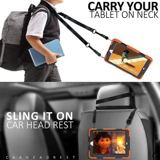 Alt view image 6 of 7 - iPad 9th/8th/7th Generation Case, iPad 10.2 Case 2021/2020/2019, [Shockproof] Full Body Protective Case with 9H Tempered Glass, Rotatable Kickstand/Hand Strap, Shoulder Strap (Orange & Black)