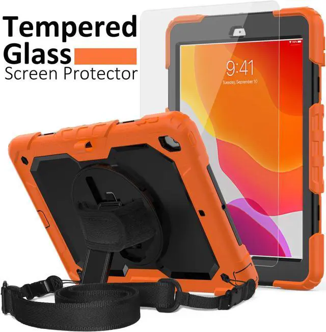 Alt view image 7 of 7 - iPad 9th/8th/7th Generation Case, iPad 10.2 Case 2021/2020/2019, [Shockproof] Full Body Protective Case with 9H Tempered Glass, Rotatable Kickstand/Hand Strap, Shoulder Strap (Orange & Black)