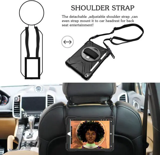 Alt view image 5 of 7 - iPad Air 3 10.5 Case 2019,iPad Pro 10.5 Case 2017- Heavy Duty Shockproof Case Cover with Pencil Holder,Rotating Stand/Hand Strap,Carrying Shoulder Strap Fit iPad Air 3rd Gen case 10.5 -Black