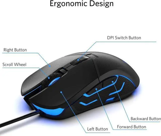 Alt view image 5 of 7 - Wired Gaming Mouse, 5500 DPI, Breathing Light, Ergonomic Game USB Computer Mice RGB Gamer Desktop Laptop PC Gaming Mouse, 7 Colors RGB Lighting, 6 Buttons for Windows 7/8 / 10, Black