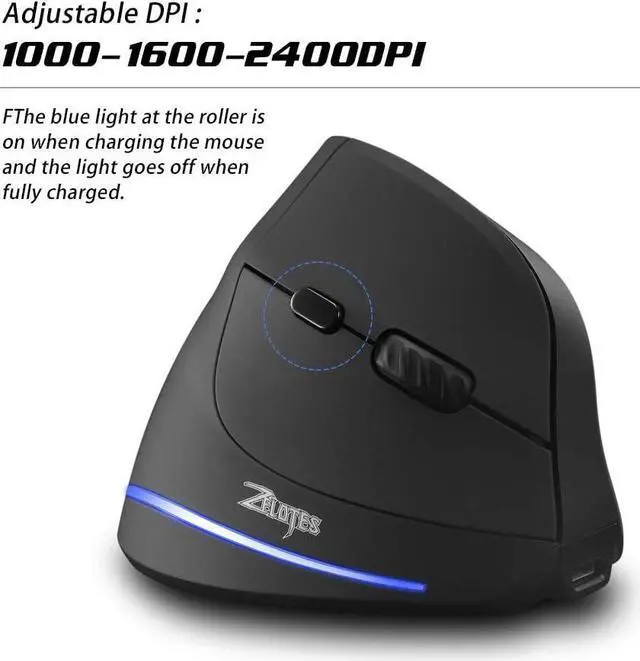 Alt view image 2 of 7 - Zeerkeer Wireless Vertical Gaming Mouse 2.4G USB Rechargeable Ergonomic Vertical Mouse with 3 Adjustable DPI(1000/1600 /2400) and 6 Buttons for PC, Desktop, Laptop