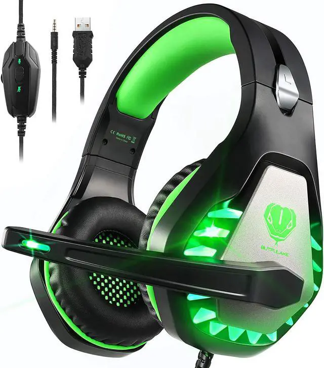 Main image of Pacrate Gaming Headset with Microphone for Switch PC PS4 PS5 Xbox One Noise Cancelling Gaming Headphones with LED Lights for Kids Adults Black Green