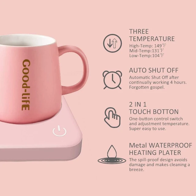 Alt view image 3 of 7 - Coffee Mug Warmer, VOBAGA 4 Hours Auto Shut-Off Coffee Warmer Plate for Office Home Desk Use with 3 Temperature Settings, Electric Cup Warmer for Cocoa,Tea, Milk, Water, Pink (No Cup)