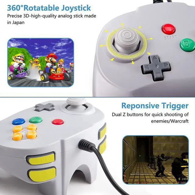 Alt view image 4 of 7 - 2 Pack Mini N64 Controller for Retro Games, kiwitatá N64 Remote Wired 64-bit Video Gamepad Joystick Controllers for N64 Console Gray