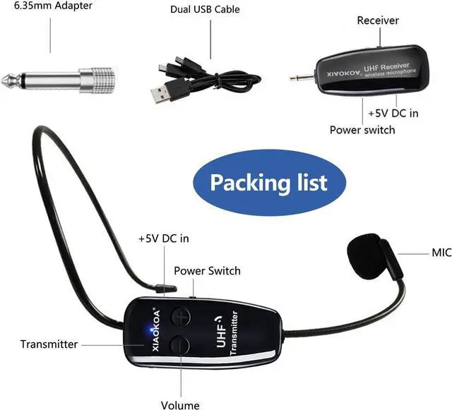 Alt view image 7 of 7 - XIAOKOA UHF12 Wireless Microphone Headset, 160ft Range, Dual Micro USB Charging, Suitable for Teaching, Stage Performers, Fitness Instructors
