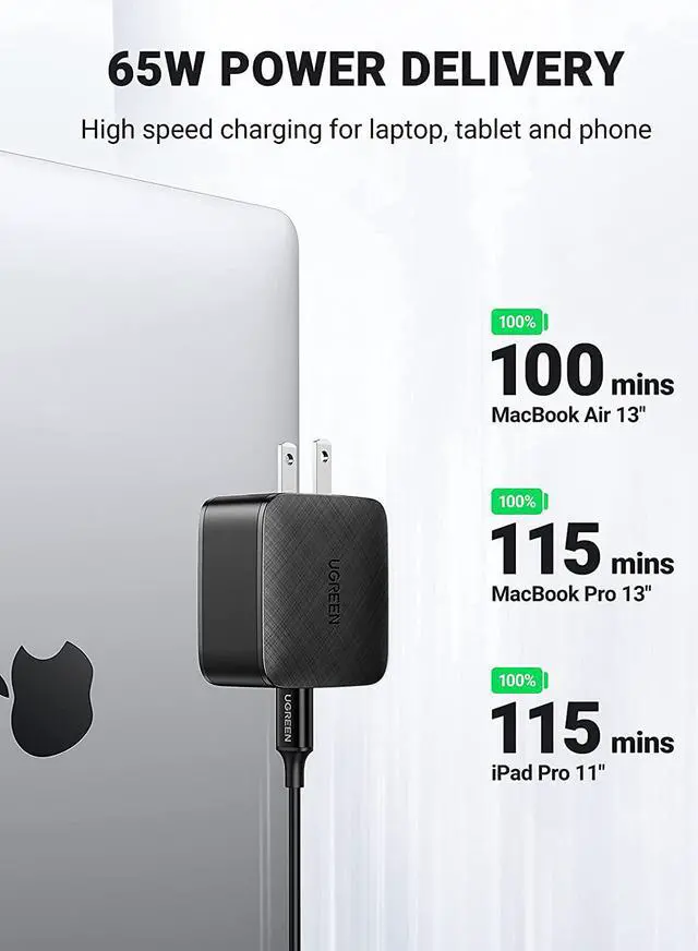 Alt view image 2 of 7 - UGREEN 65W USB C Fast Charger - GaN Charger with 6FT USB C to USB C Cable 100W Fast Charge Compatible for MacBook Pro/Air, XPS 13, iPad Mini 6, iPad Pro, Galaxy S21 S20, Pixel, iPhone 13/12 Pro Max