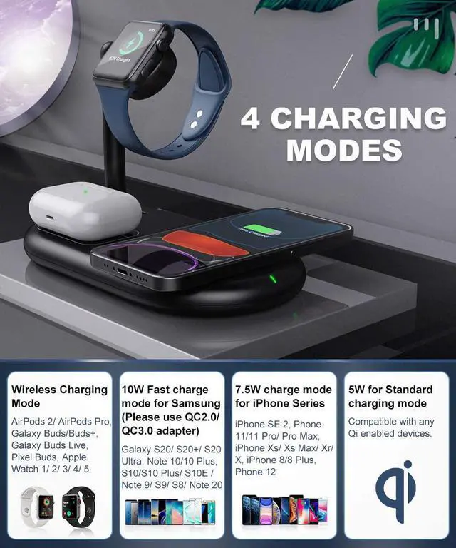 Alt view image 2 of 7 - 3 in 1 Wireless Charger Qi Fast Charging Station Dock Stand fit iPhone 13/12 Pro Max 12mini/11/11Pro/SE/X/XR/8, iWatch 6/5/4/3/2, Airpods Pro/2/1, Samsung Buds with Adapter