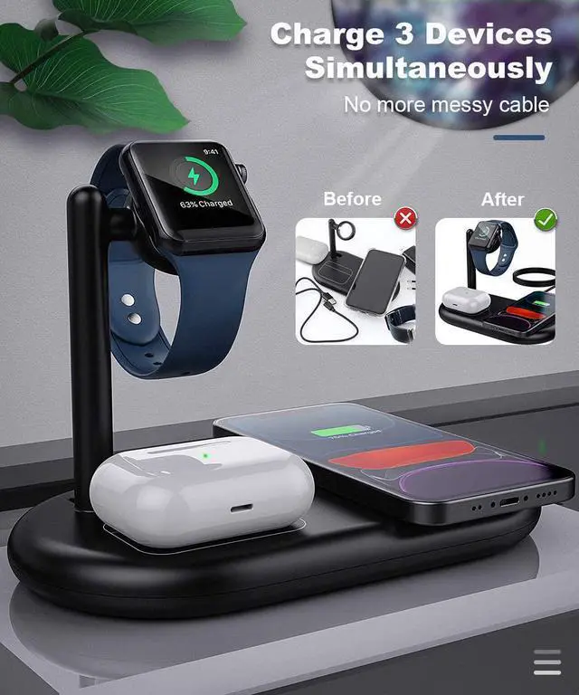 Alt view image 3 of 7 - 3 in 1 Wireless Charger Qi Fast Charging Station Dock Stand fit iPhone 13/12 Pro Max 12mini/11/11Pro/SE/X/XR/8, iWatch 6/5/4/3/2, Airpods Pro/2/1, Samsung Buds with Adapter