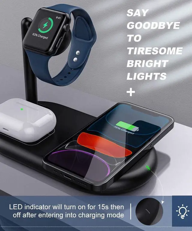 Alt view image 5 of 7 - 3 in 1 Wireless Charger Qi Fast Charging Station Dock Stand fit iPhone 13/12 Pro Max 12mini/11/11Pro/SE/X/XR/8, iWatch 6/5/4/3/2, Airpods Pro/2/1, Samsung Buds with Adapter
