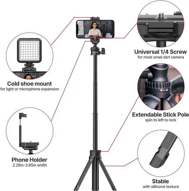 Alt view image 4 of 7 - ULANZI Smartphone Tripod, MT-34 All-in-One Extendable Tripod with 360 Adjustable Ballhead, Compatible with iPhone 12 Pro Max/12 Mini/11 Pro Max/XR/X, Samsung Phone, Vlog Camera