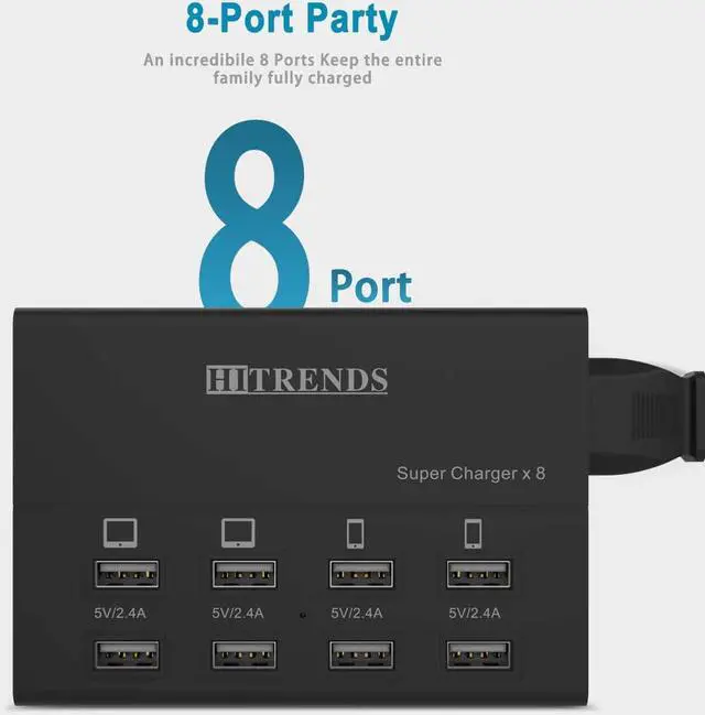 Alt view image 3 of 6 - USB Charger, HITRENDS 8 Ports Charging Station 60W/12A Multi Port USB Charger Hub for Multiple Devices (5ft Cord, Black)