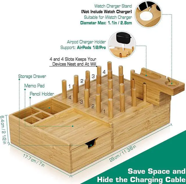 Alt view image 2 of 7 - Darfoo Bamboo Charging Station Organizer for Multiple Devices with iWatch&Airpod Stand | Desktop Docking Station Organizer for iPhone, Android Phone, Storage Drawer (No USB Charger)
