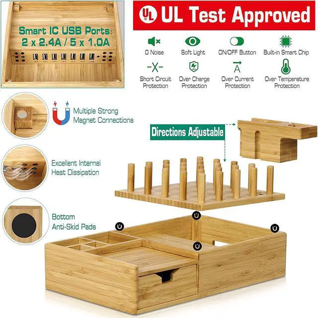 Alt view image 3 of 6 - 7 in 1 Bamboo Charging Station for Multiple Devices - Darfoo Wood Charging Dock Organizer with Drawer, 7 USB Charging Ports Compatible with Cell Phones, Tablet, Smart Watch & Earbud