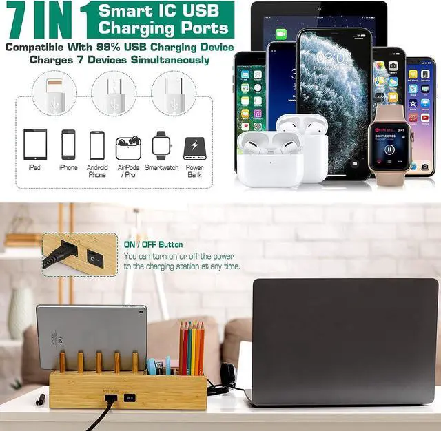 Alt view image 4 of 6 - 7 in 1 Bamboo Charging Station for Multiple Devices - Darfoo Wood Charging Dock Organizer with Drawer, 7 USB Charging Ports Compatible with Cell Phones, Tablet, Smart Watch & Earbud