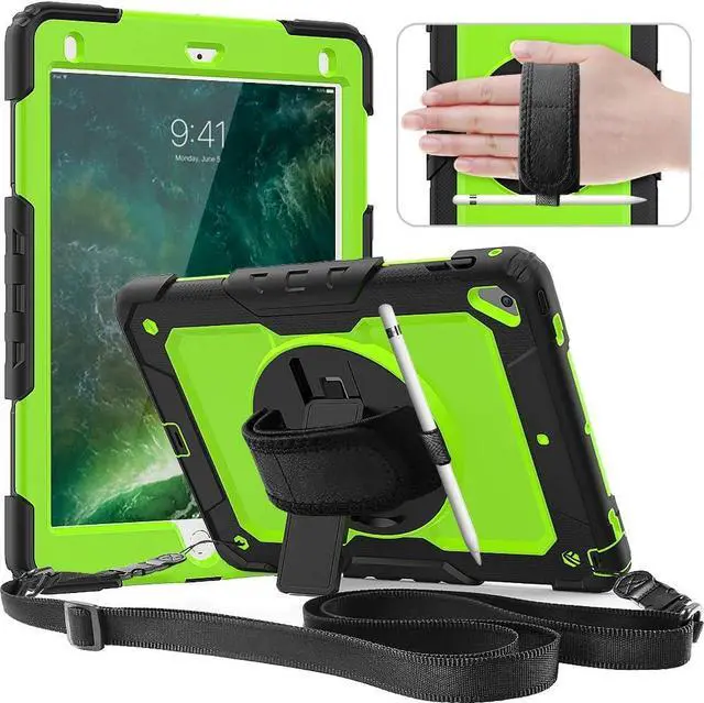 Main image of Case for iPad 6th/ 5th Generation 9.7 Inch 2018/2017 Case with Rotating Stand Handle Strap, Full-Body Silicone+PC Durable Sturdy Protective Case for iPad 5th/ 6th Gen/Air 2/ Pro 9.7 -Green