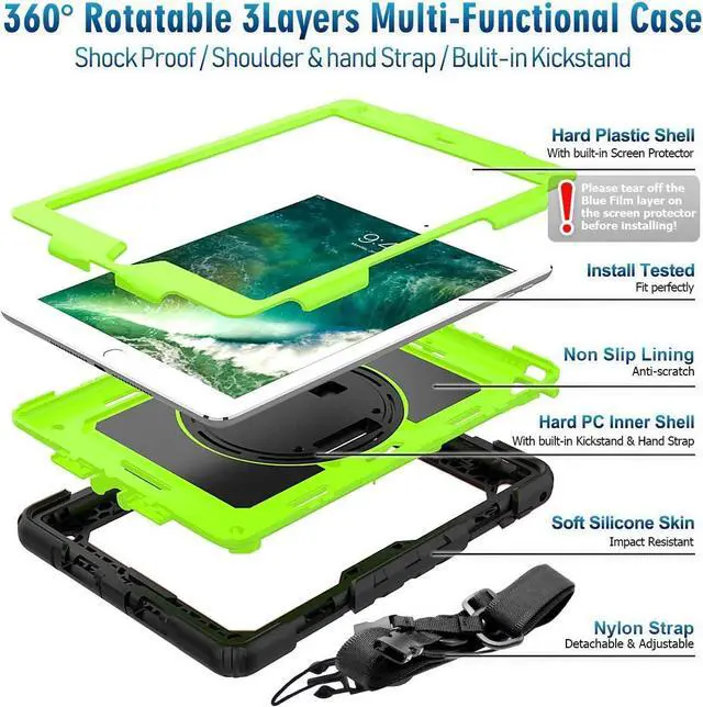 Alt view image 7 of 7 - Case for iPad 6th/ 5th Generation 9.7 Inch 2018/2017 Case with Rotating Stand Handle Strap, Full-Body Silicone+PC Durable Sturdy Protective Case for iPad 5th/ 6th Gen/Air 2/ Pro 9.7 -Green