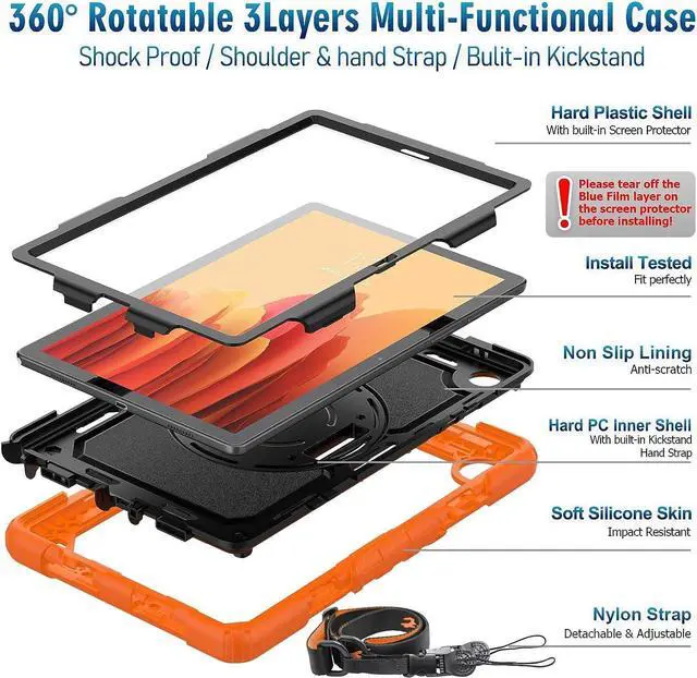 Alt view image 7 of 7 - Case for Samsung Galaxy Tab A7 (10.4 Inch) 2020/2022, SM-T500/ T503 Case, Durable Sturdy Case with Screen Protector Swivel Stand Hand Shoulder Strap Drop-Proof Galaxy Tablet A7 Case - Orange