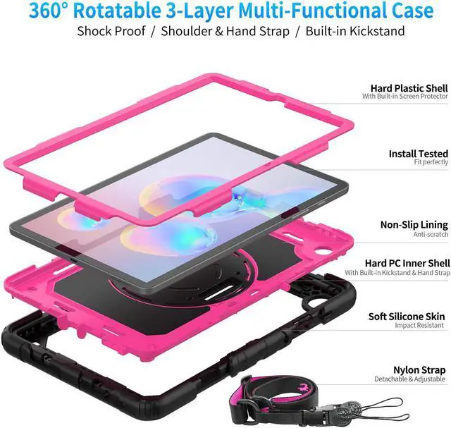 Alt view image 3 of 7 - Case for Samsung Galaxy Tab S6 Lite 10.4" 2022/2020 (SM-P613/ P619/ P610/ P615), Kids Case with Pen Holder Built-in Screen Protector&360 Degree Swivel Stand&Hand Strap&Shoulder Strap - Rose