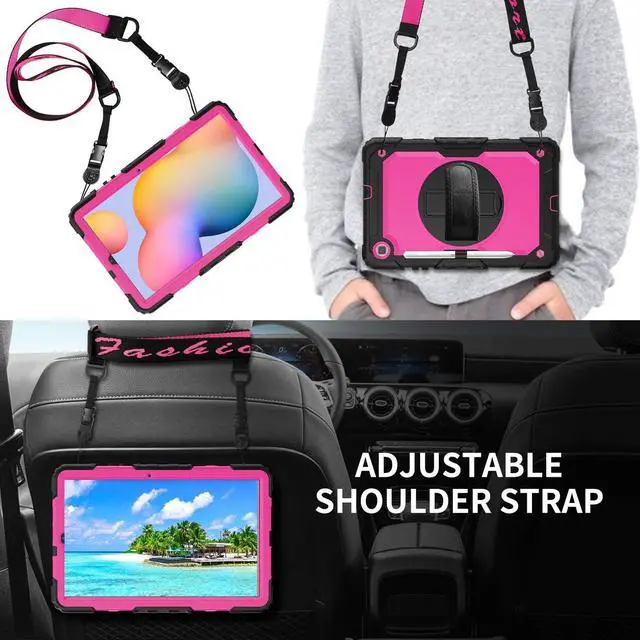 Alt view image 6 of 7 - Case for Samsung Galaxy Tab S6 Lite 10.4" 2022/2020 (SM-P613/ P619/ P610/ P615), Kids Case with Pen Holder Built-in Screen Protector&360 Degree Swivel Stand&Hand Strap&Shoulder Strap - Rose