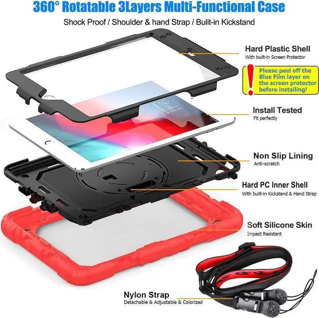 Alt view image 6 of 7 - Case for Pad Mini 5 Case, Shock-Proof [Full-Body] Case with 360 Rotating Stand [Pencil Holder] [Screen Protector] Hand Strap for Mini 5th/4th Generation (Black+Red)