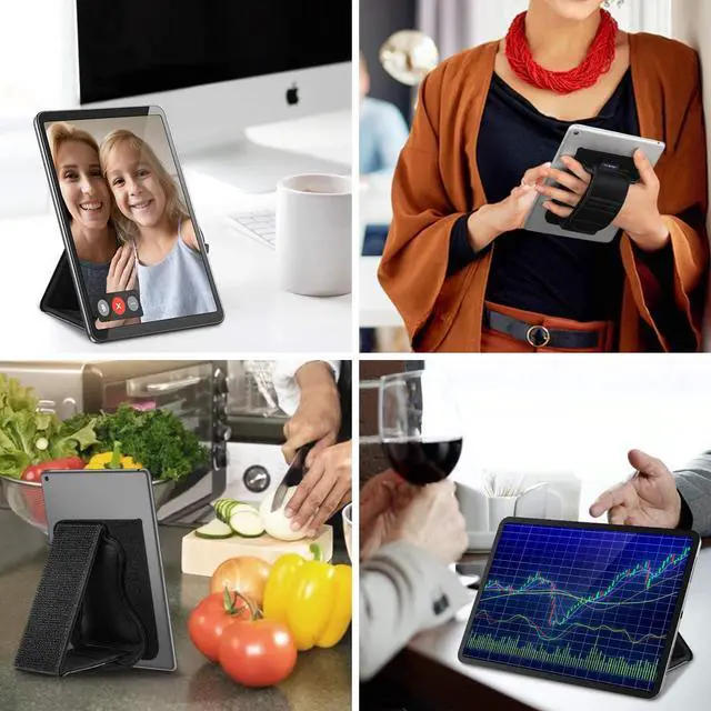 Alt view image 6 of 7 - Universal Tablet Hand Strap Holder - [Dual Stand Supports] Detachable Padded Hook & Loop Fastening Handle Grip with Adhesive Patch for iPad/Galaxy Tab and All 7-11 Tablets Black