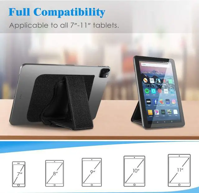 Alt view image 3 of 7 - Universal Tablet Hand Strap Holder - [Dual Stand Supports] Detachable Padded Hook & Loop Fastening Handle Grip with Adhesive Patch for iPad/Galaxy Tab and All 7-11 Tablets Black