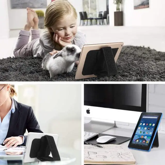 Alt view image 7 of 7 - Universal Tablet Hand Strap Holder - [Dual Stand Supports] Detachable Padded Hook & Loop Fastening Handle Grip with Adhesive Patch for iPad/Galaxy Tab and All 7-11 Tablets Black