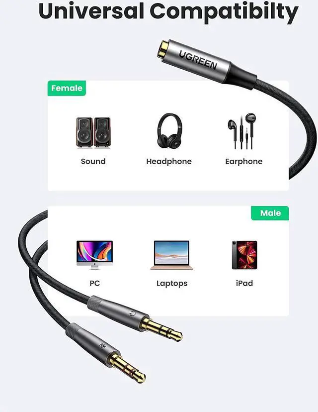 Alt view image 5 of 7 - UGREEN Headphone Splitter Adapter 3.5mm 2 Male to Female Smartphone Headset Cable Mic and Speaker Combo to PC Audio Splitter Compatible with Separate Mic and Audio Ports Computer Laptop