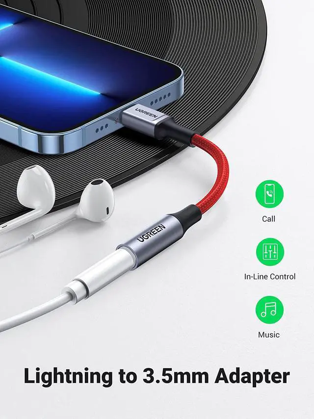 Alt view image 2 of 7 - UGREEN Headphones Adapter for Apple MFi Certified iPhone Lightning to 3.5mm Jack Converter Compatible with iPhone 13/13 mini/13 Pro/13 Pro Max/12/12 Pro Max/11 Pro Max/X/XR/XS/7/7P/8/8P, iPad 9, Red