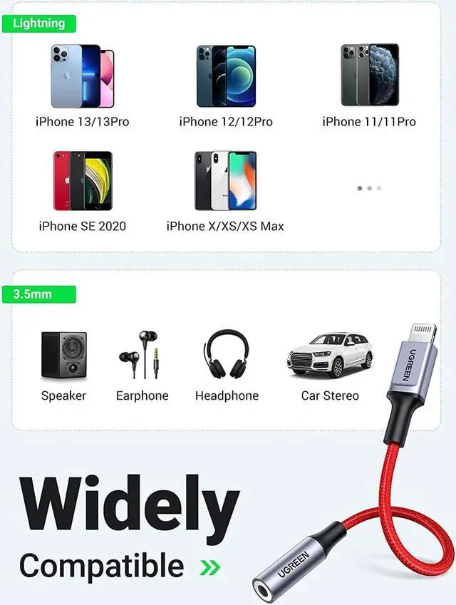 Alt view image 5 of 7 - UGREEN Headphones Adapter for Apple MFi Certified iPhone Lightning to 3.5mm Jack Converter Compatible with iPhone 13/13 mini/13 Pro/13 Pro Max/12/12 Pro Max/11 Pro Max/X/XR/XS/7/7P/8/8P, iPad 9, Red