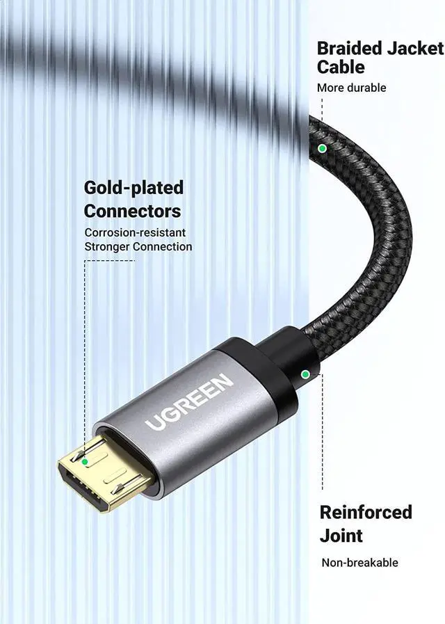 Alt view image 7 of 7 - UGREEN Micro USB Cable - 10FT Nylon Braided High Speed Durable Fast Charging USB Android Phone Charger Cord Compatible with Samsung Galaxy S7 S6 Note LG V10 Tablet PS4 MP3 Black