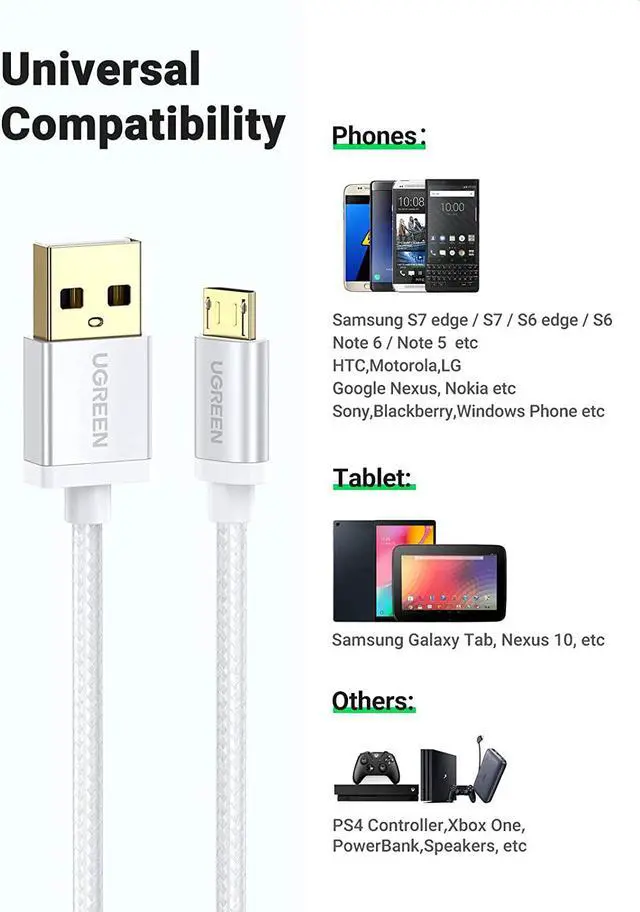 Alt view image 6 of 7 - U Micro USB Cable Nylon Braided Fast Quick Charger USB to Micro USB 2.0 Android Charging Cord for Galaxy S7 S6 Edge A10, J3 Prime, Redmi Note 5 Pro, PS4, Xbox One Controller(6ft, Silver White)