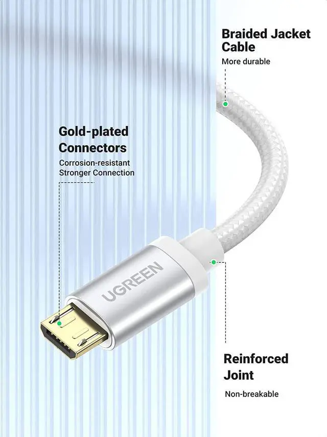 Alt view image 7 of 7 - U Micro USB Cable Nylon Braided Fast Quick Charger USB to Micro USB 2.0 Android Charging Cord for Galaxy S7 S6 Edge A10, J3 Prime, Redmi Note 5 Pro, PS4, Xbox One Controller(6ft, Silver White)