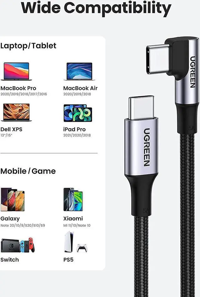 Alt view image 7 of 7 - UGREEN USB C to USB C Cable 100W Fast Charging 3FT - Right Angle 5A Type C PD Nylon Braided Charging Cord Compatible for MacBook Pro Air iPad Pro 2020 Chromebook Galaxy S21 S20 Note 20 Dell XPS Pixel