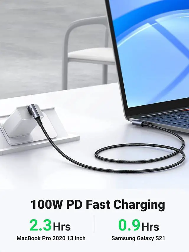 Alt view image 2 of 7 - UGREEN USB-C to USB-C Cable 90 Degree 100W PD Fast Charging Cord for Apple MacBook Pro Air Huawei Matebook iPad Pro 2020 Chromebook Pixel 4 XL Samsung Galaxy S20 S10 Note 10 Switch (10ft)