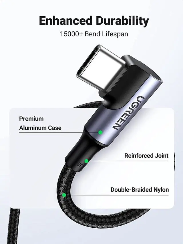 Alt view image 7 of 7 - UGREEN USB-C to USB-C Cable 90 Degree 100W PD Fast Charging Cord for Apple MacBook Pro Air Huawei Matebook iPad Pro 2020 Chromebook Pixel 4 XL Samsung Galaxy S20 S10 Note 10 Switch (10ft)