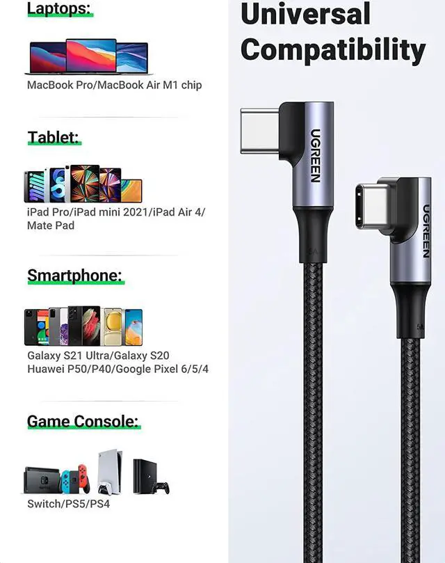 Alt view image 5 of 7 - UGREEN USB-C to USB-C Cable 90 Degree 100W PD Fast Charging Cord for Apple MacBook Pro Air Huawei Matebook iPad Pro 2020 Chromebook Pixel 4 XL Samsung Galaxy S20 S10 Note 10 Switch (10ft)