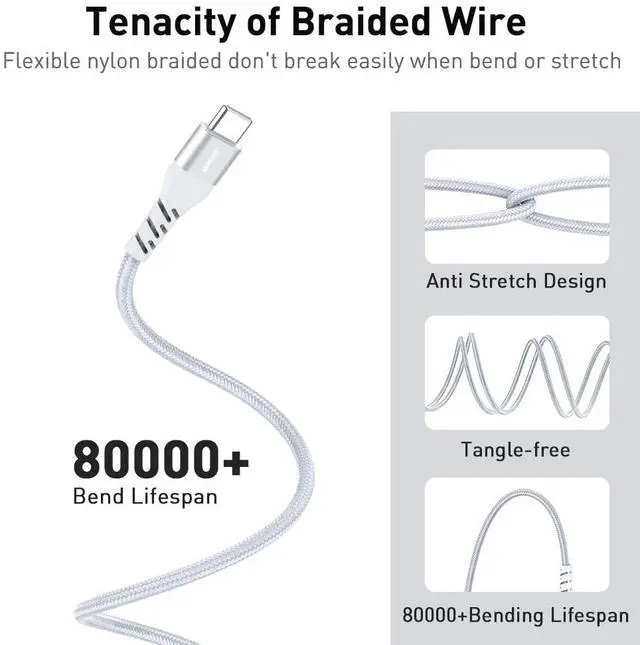 Alt view image 4 of 7 - USB C to USB C Cable,J 3 Pack (3.3ft+6.6ft+10ft) PD 60W Fast Charging Type C to Type C Cable for iPad Pro MacBook Pro Samsung Galaxy S21/S21+/S20/S20+ Ultra/Note 20 Google Pixel 5/4XL/3XL/3A L